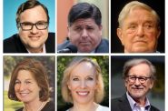 Clockwise from top left: Reid Hoffman, Illinois Gov. J.B. Pritzker, George Soros, Steven Spielberg, Karla Jurvetson and Liz Uihlein. Photo from the Badger Project.